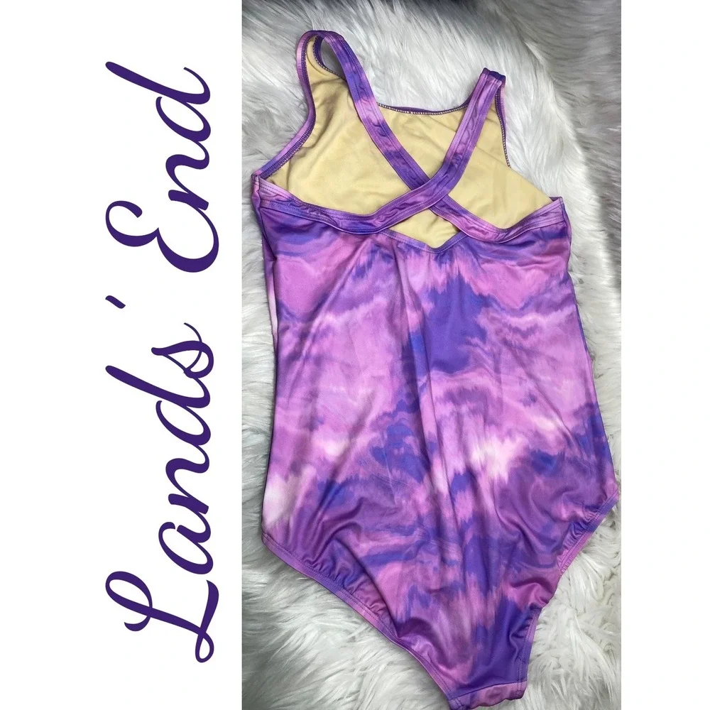 Lands' End‎ Purple Tie Dye One Piece Swimsuit Kids Size 16 Crisscross Straps